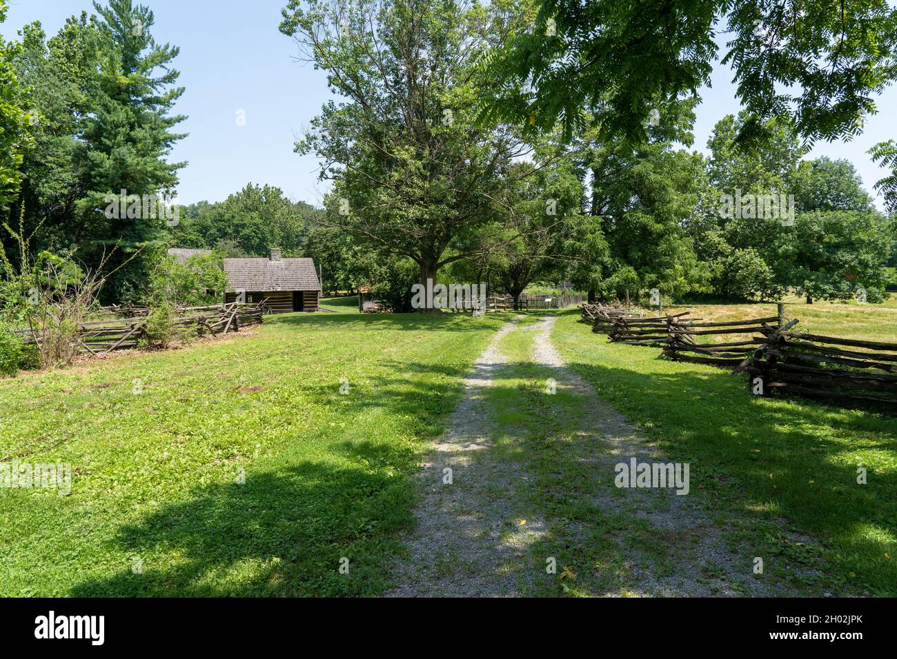 Une ancienne cabane en rondins et une clôture en rail fendu sous le chêne qui s'étend. Banque D'Images