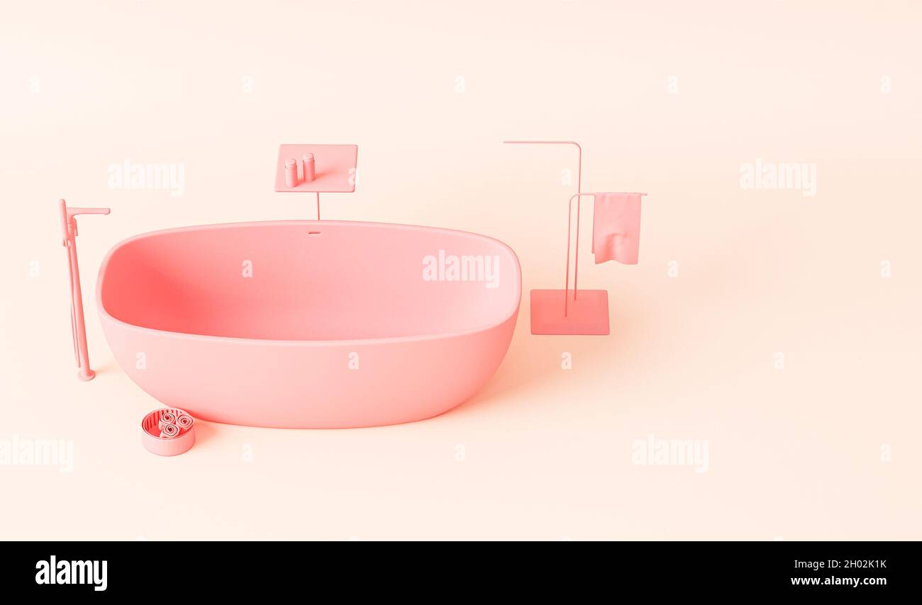 Baignoire monochrome rose pastel.Arrière-plan clair avec espace de copie.Rendu 3D pour les arrière-plans de page Web, de présentation ou de cadre d'image. Banque D'Images