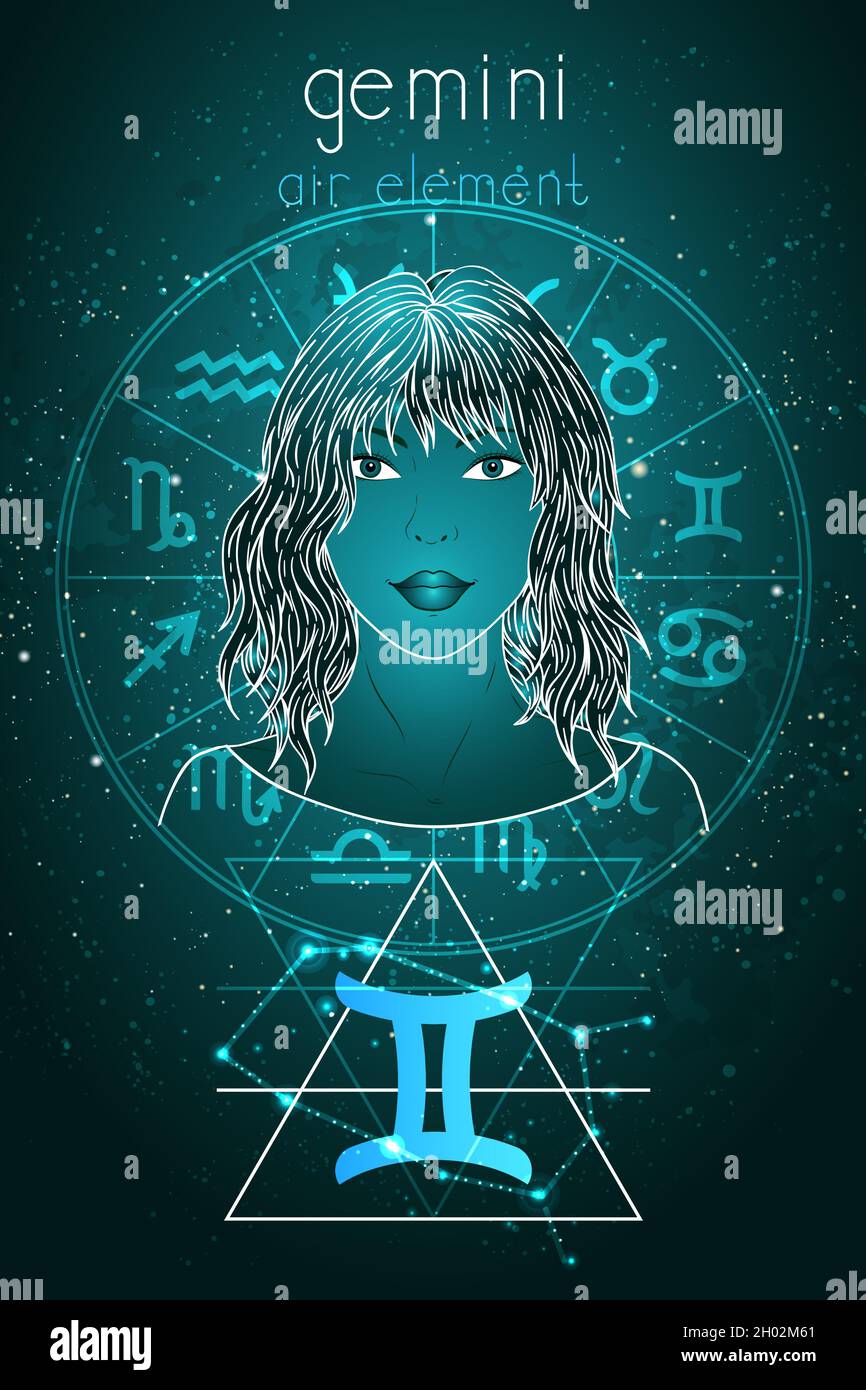 Illustration vectorielle du signe, de la constellation et du portrait du  zodiaque Gemini belle fille sur fond abstrait avec un cercle  d'horoscope.Mysticisme, ésotérique Image Vectorielle Stock - Alamy
