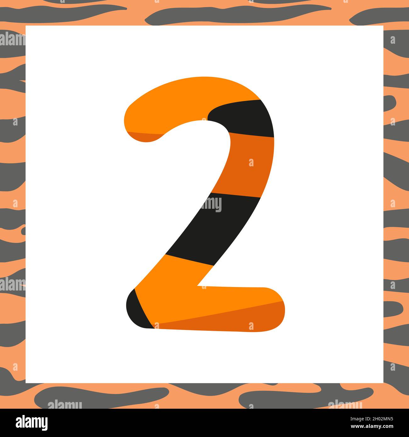Numéro deux avec motif tigre.Police et cadre de fête orange avec bandes noires, symbole pour le nouvel an et Noël Illustration de Vecteur