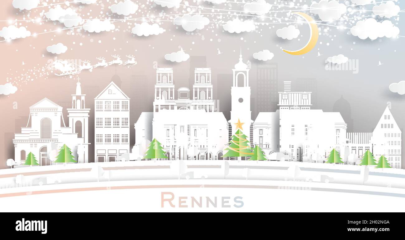 Rennes France City Skyline en papier coupé avec flocons de neige, Lune et Neon Garland.Illustration vectorielle.Concept Noël et nouvel an.Le Père Noël Illustration de Vecteur