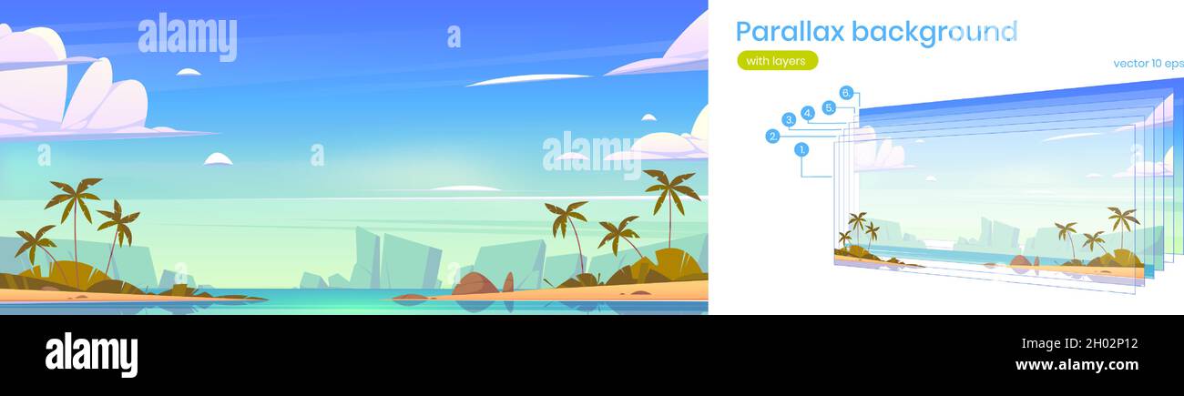 Paysage tropical avec baie de mer, palmiers sur la plage et montagnes à l'horizon.Arrière-plan de parallaxe vectoriel pour l'animation 2d avec paysage marin d'été avec lagon, rochers et sable Illustration de Vecteur