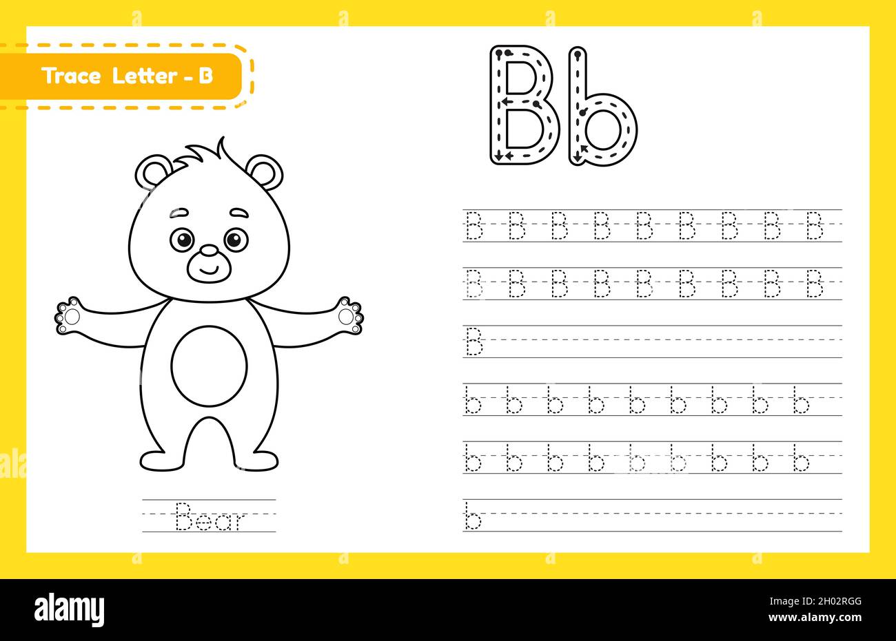 Tracer la lettre B en majuscules et en minuscules.Feuille de travail préscolaire de pratique de traçage d'alphabet pour les enfants apprenant l'anglais avec mignon animal de dessin animé.Colorier Illustration de Vecteur