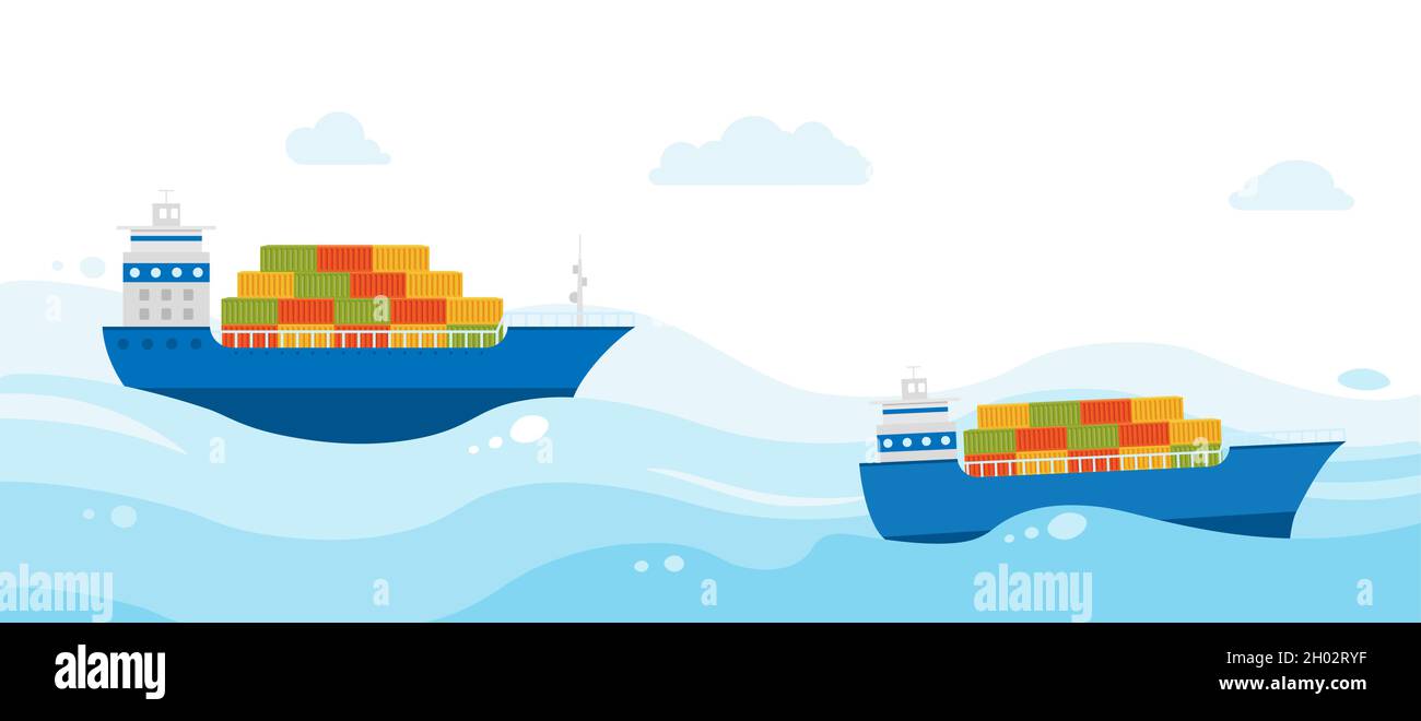 Deux navires cargo avec cargaison naviguent en mer. Livraison de fret maritime. Illustration de Vecteur