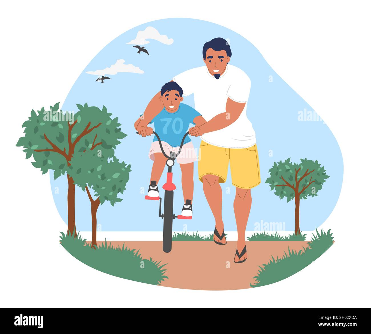 Papa heureux enseignant à son fils de faire du vélo dans le parc, illustration vectorielle.Relation parent-enfant.Activité de la fête du père. Illustration de Vecteur