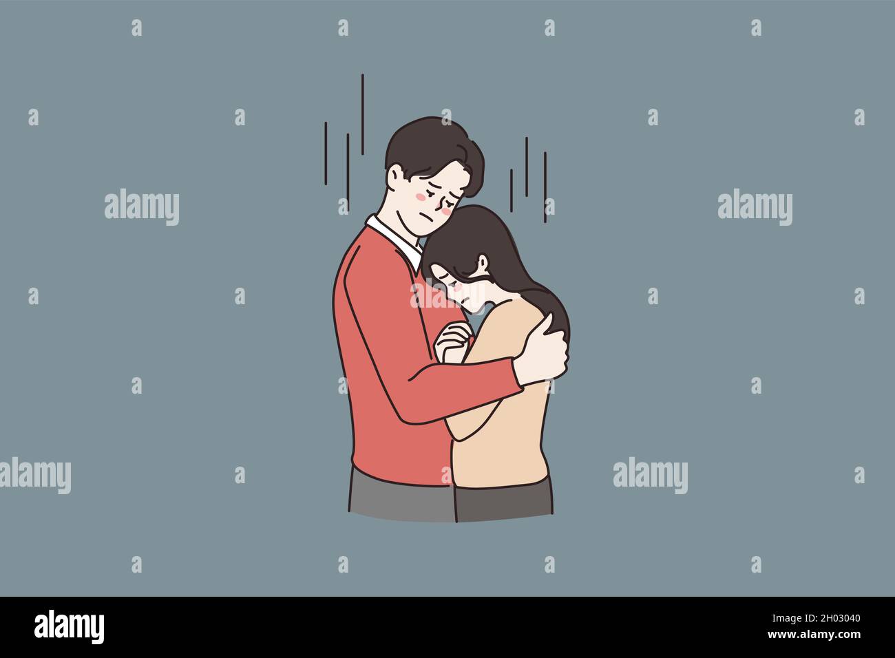 Jeune homme hug caress soutien femme malheureuse petite amie montrer l'amour et le soin.Soutien homme embrasse confort triste fille se sentant déprimé.Objectif de relation de couple.Illustration vectorielle plate. Illustration de Vecteur