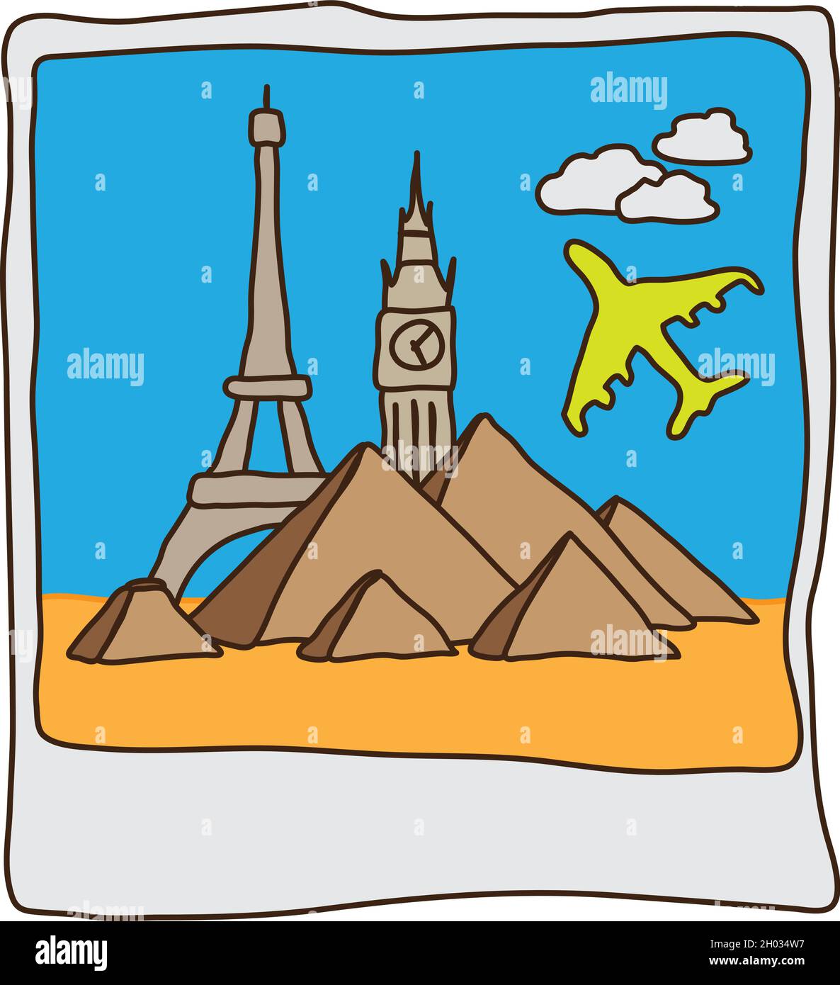 Voyagez polaroid avec des monuments célèbres.Dessin à main levée Illustration de Vecteur