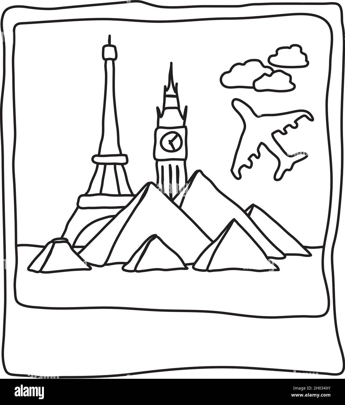 Voyagez polaroid avec des monuments célèbres.Dessin à main levée Illustration de Vecteur