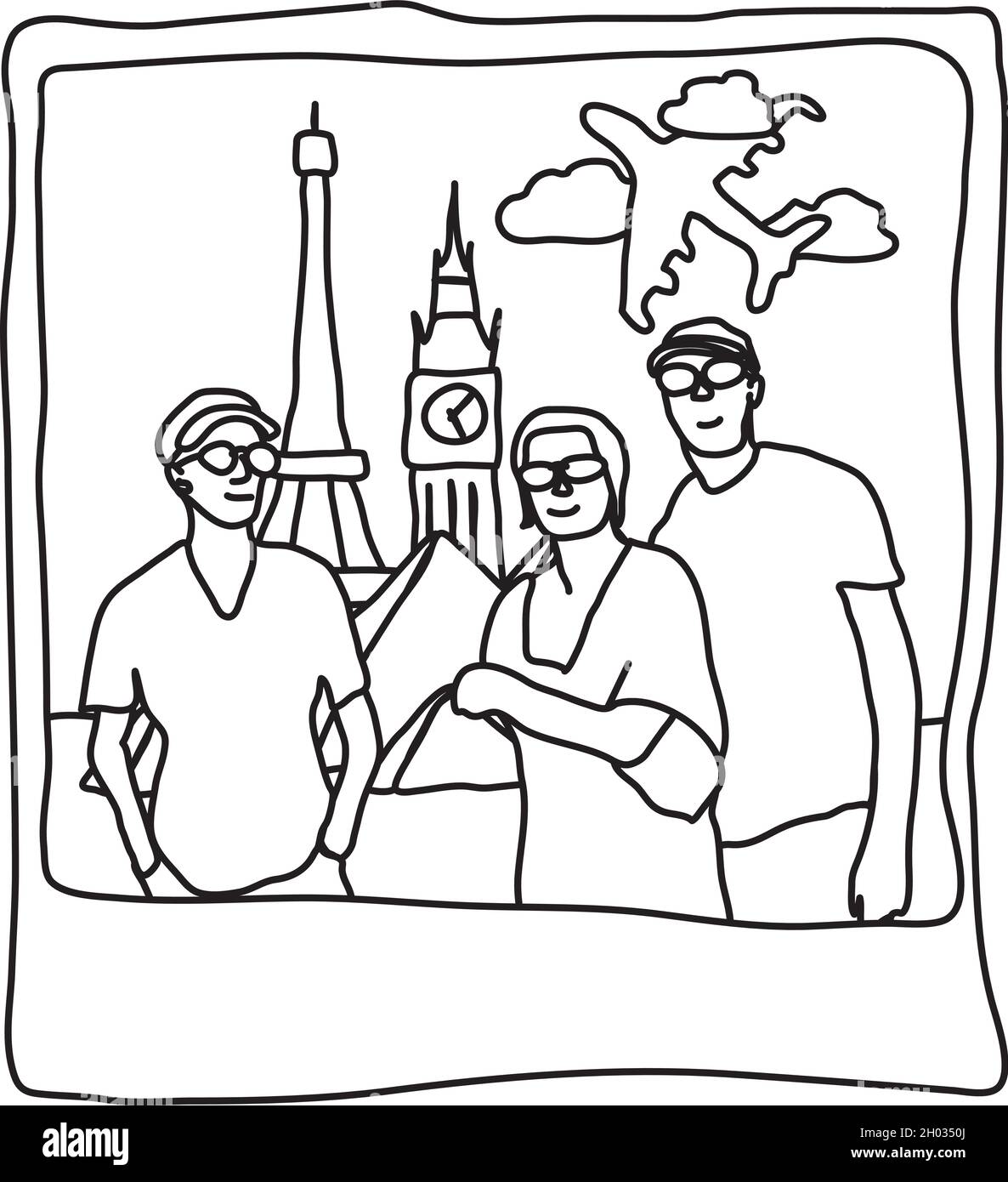 Voyagez polaroid avec des monuments célèbres.Dessin à main levée Illustration de Vecteur