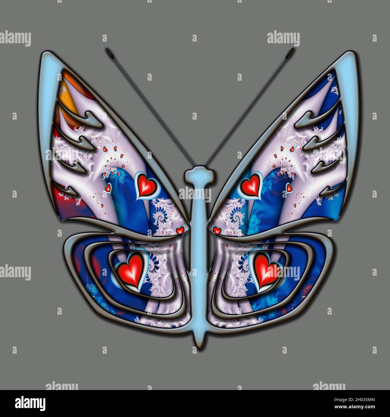 Illustration 3D de l'ornement coloré papillon avec des ailes remplies de fractal abstrait Banque D'Images