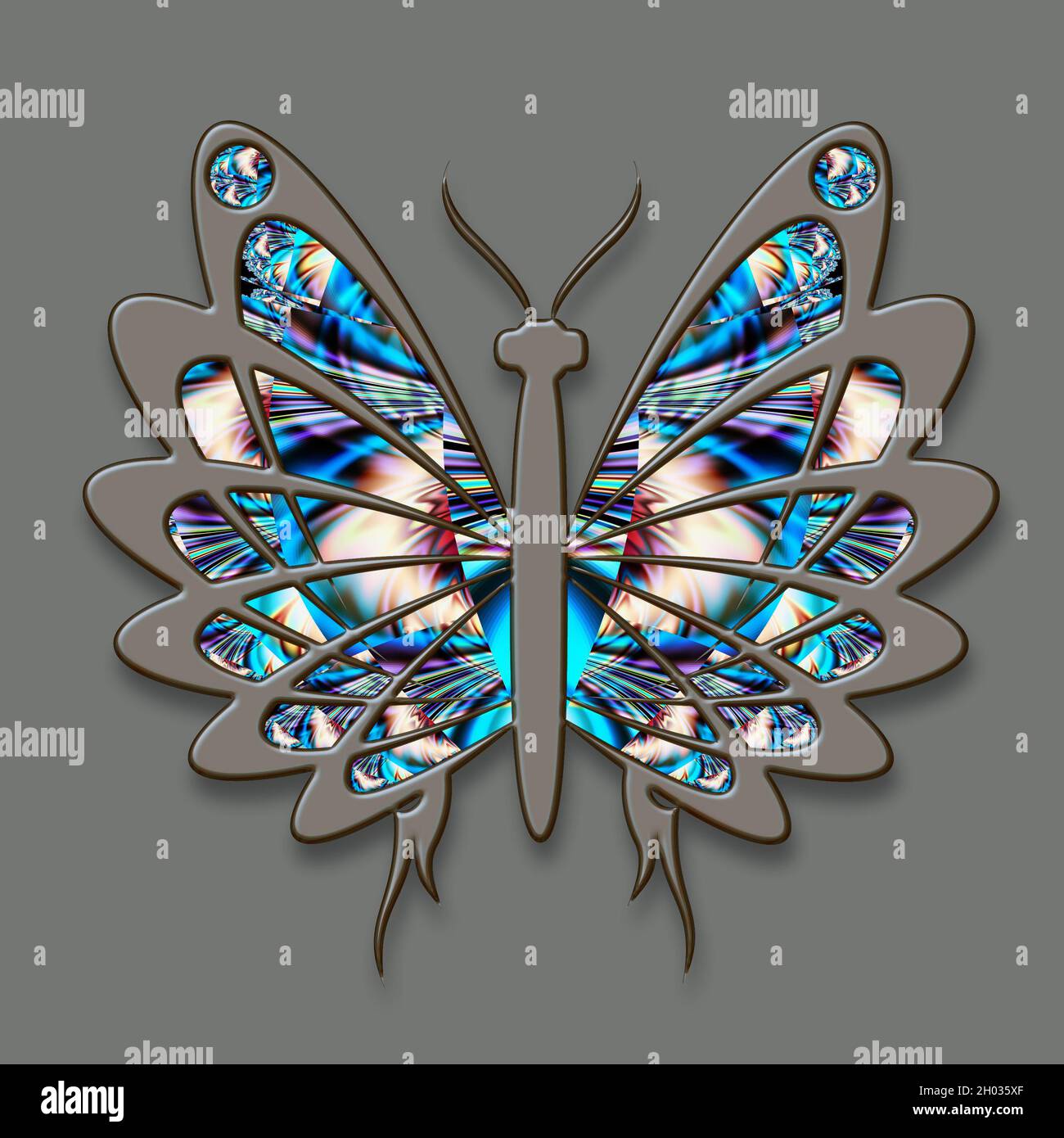 Illustration 3D de l'ornement coloré papillon avec des ailes remplies de fractal abstrait Banque D'Images