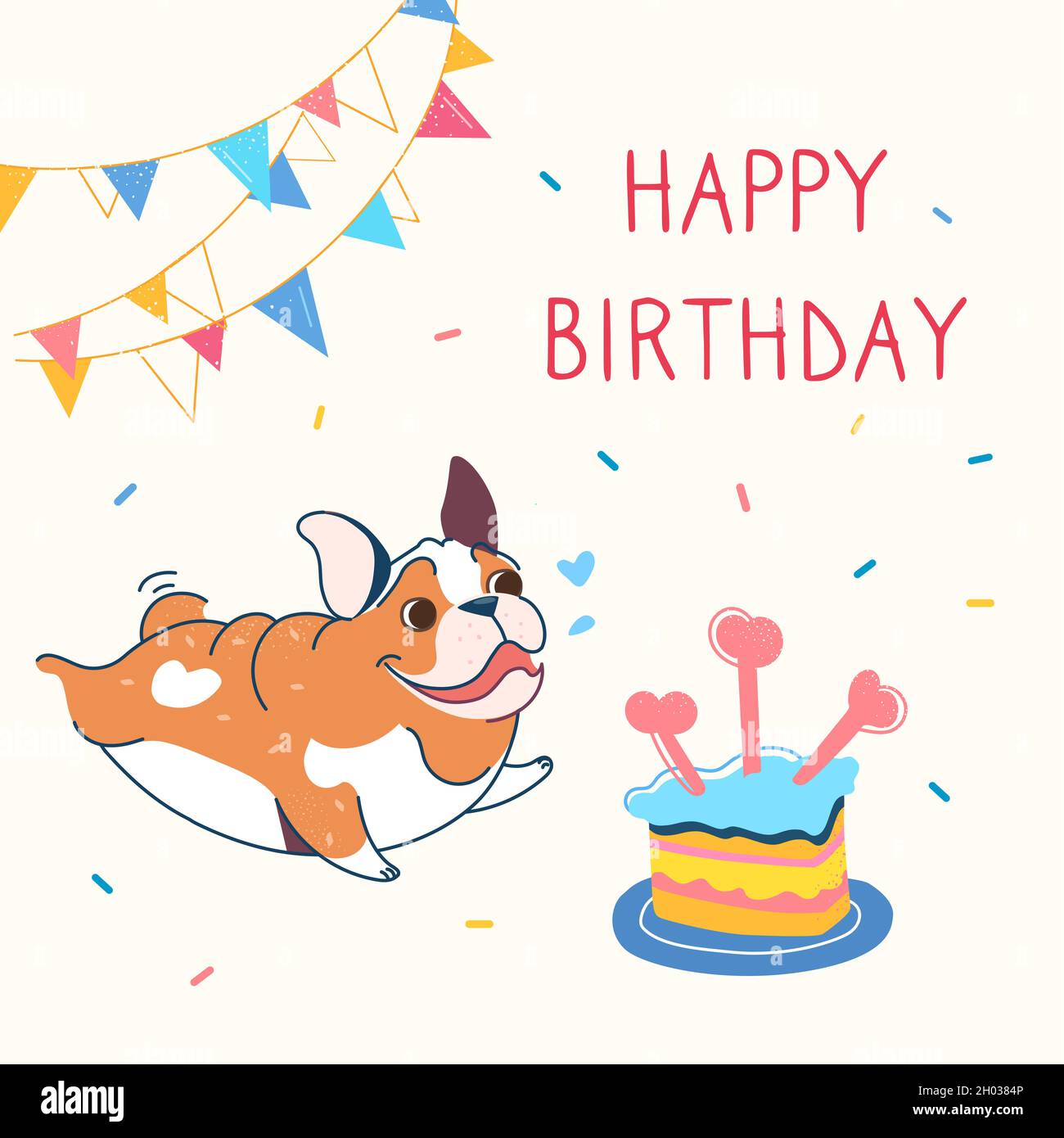 Carte De Vœux Elegante Avec Un Joli Boudogue Lettrage Joyeux Anniversaire Guirlandes Gateau De Vacances Avec Bougies Sous Forme D Os Votre Chien A Un Anniversaire Drole De Vecteur De Dessin Anime Avec