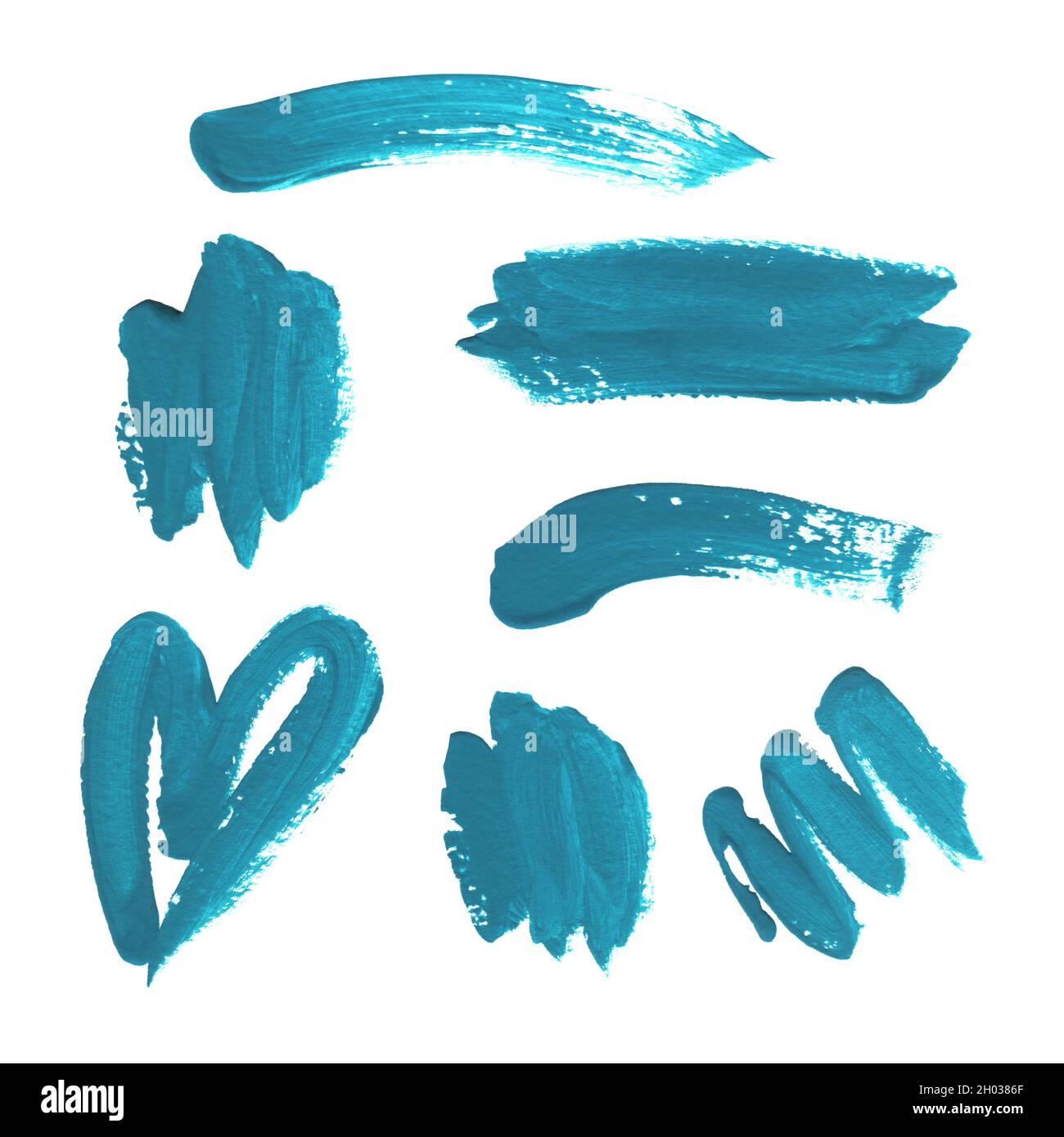 Collection de traits de pinceau en acrylique bleu isolés sur fond blanc.Éléments décoratifs. Banque D'Images