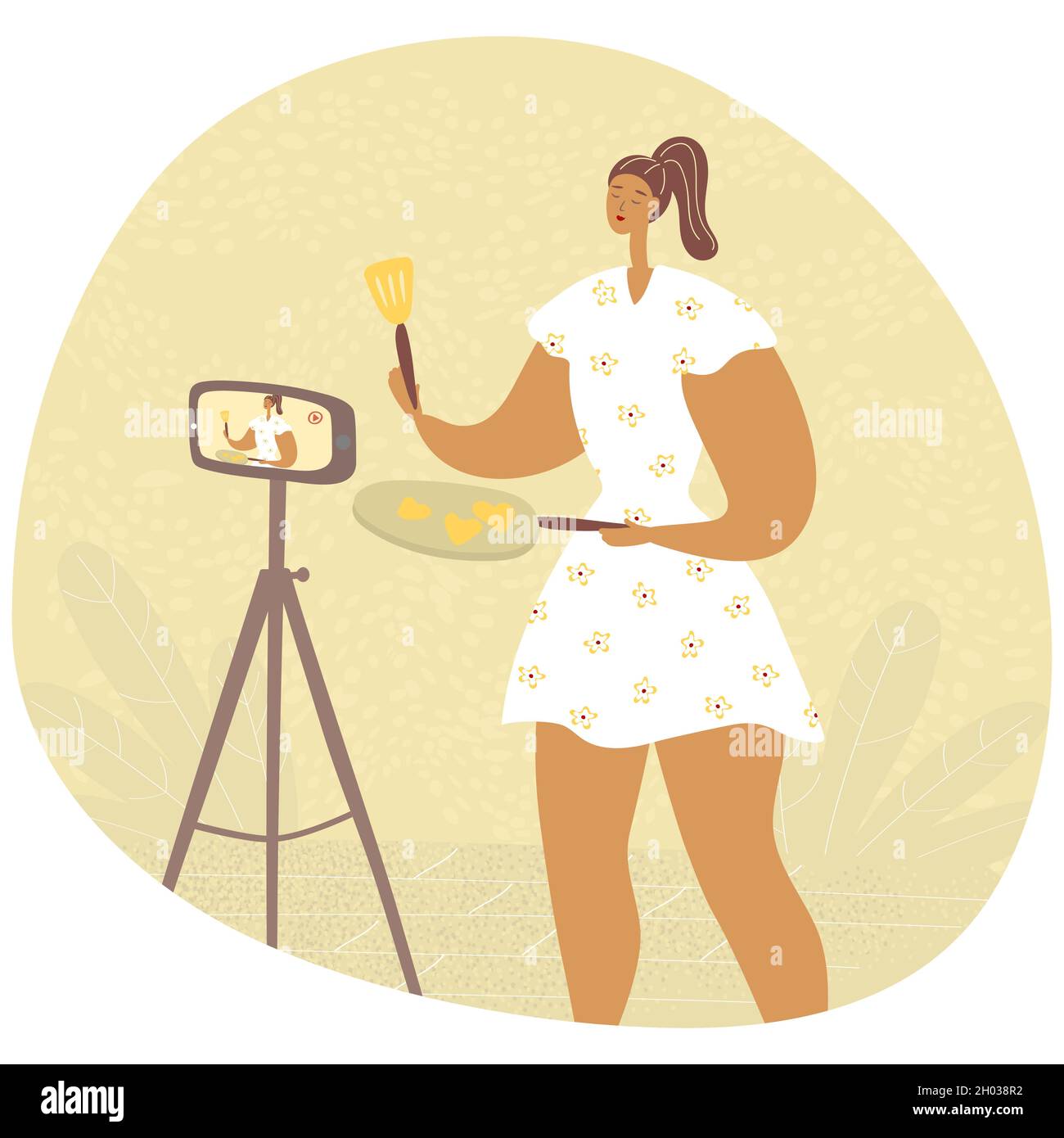 Blog de la vidéo de cuisine.Une femme blogueuse de nourriture enregistre des vidéos pour ses adeptes.Femmes vlog ou chaîne de spectacle avec tutoriel culinaire.Vecteur tracé à la main Illustration de Vecteur