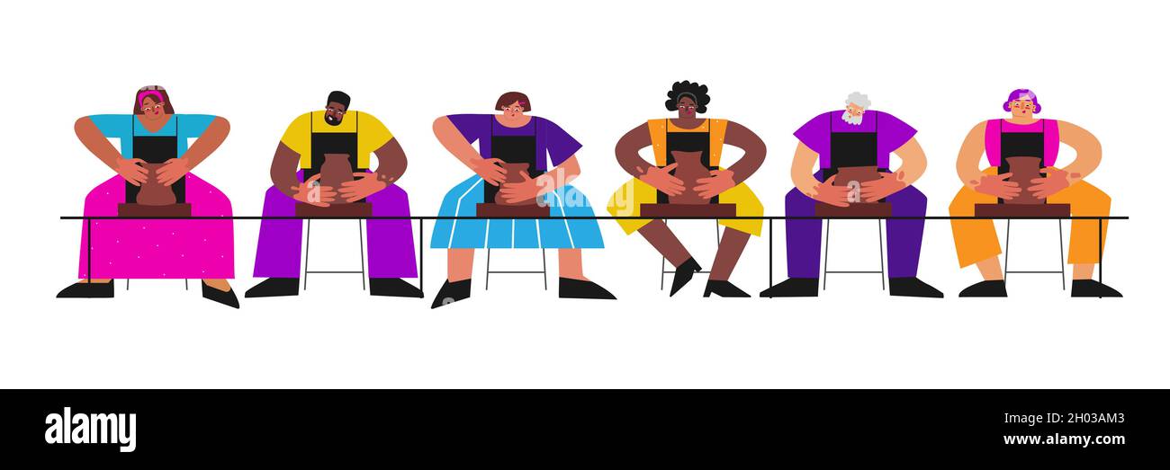 Illustration vectorielle plate colorée.Atelier en atelier d'argile.Groupe multinational de personnes adultes (femmes et hommes) fait des plats en céramique sur les jets de roue Illustration de Vecteur