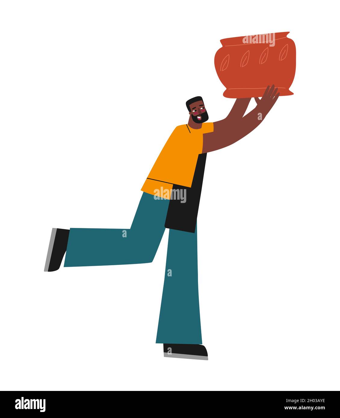 Illustration plate isolée vectorielle avec homme afro-américain.Un étudiant adulte tient un pot en céramique fait main qu'il a appris à créer en classe de poterie.CRE Illustration de Vecteur