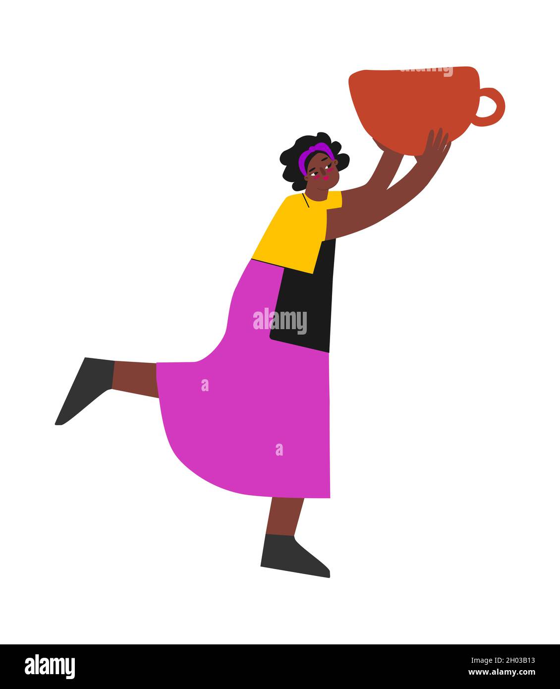 Illustration vectorielle plate avec femme afro-américaine.Une fille étudiante tient des vaisselle faits main en céramique.Elle a appris à créer une tasse en classe de poterie.Créat Illustration de Vecteur