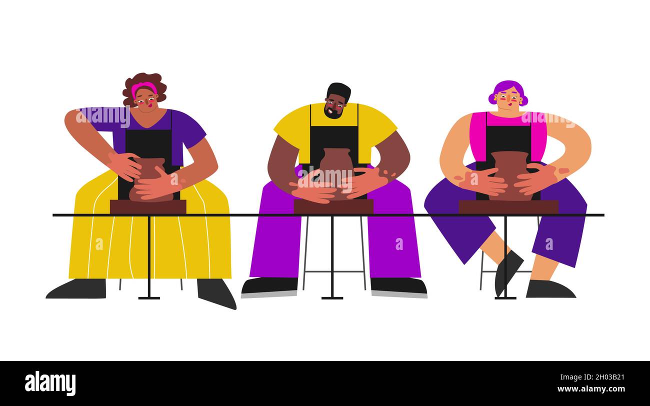 Illustration vectorielle plate de l'atelier en atelier d'argile.Des groupes de personnes adultes (femmes et hommes afro-américains) font des plats en céramique sur les jets de roues. Illustration de Vecteur