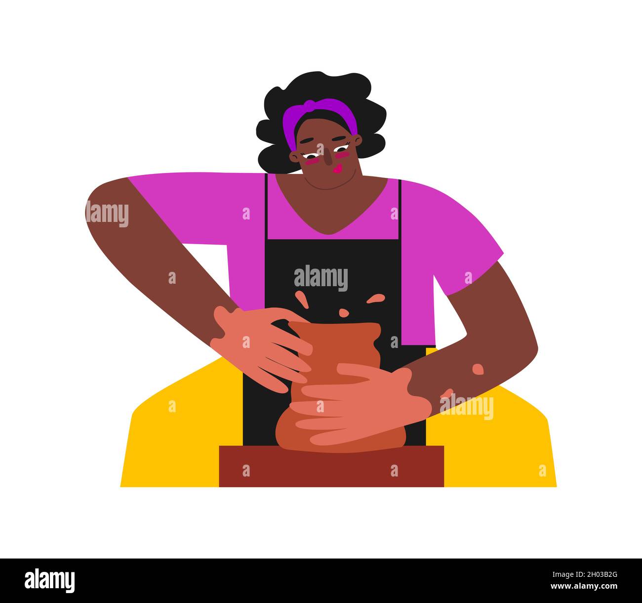 Illustration vectorielle plate avec une femme afro-américaine adulte travaillant à la roue de poterie.Un étudiant heureux apprend à faire un joli pot en céramique.Gros plan portrait Illustration de Vecteur
