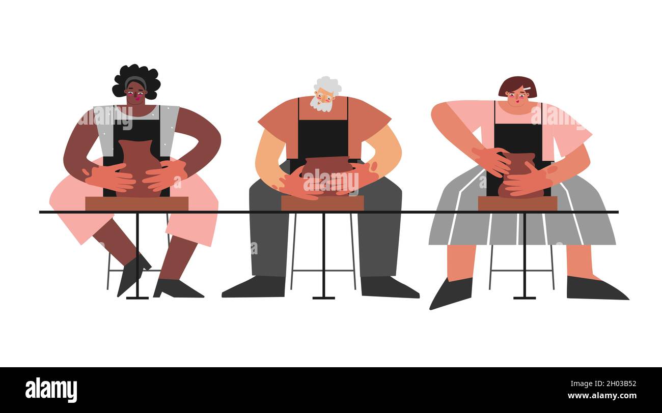 Concept vectoriel plat.Atelier en atelier d'argile.Groupe adulte de personnes (Afro-américaines et latines et vieux) fait des plats en céramique sur le volant Illustration de Vecteur