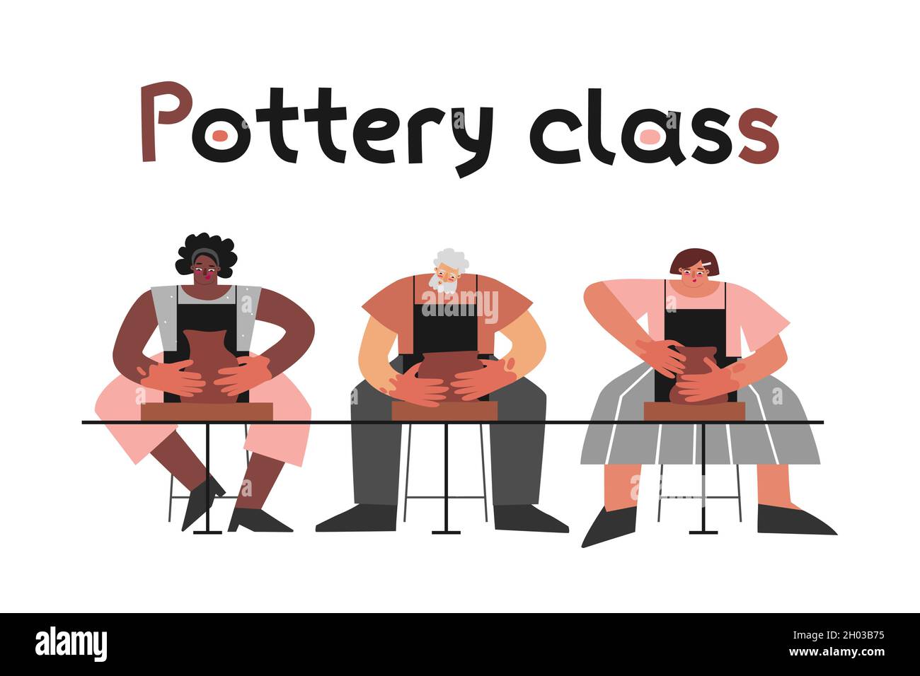 Concept d'isolation à plat vectoriel.Atelier en atelier d'argile.Groupe adulte de personnes (Afro-américaines et latines et vieux) fait des plats en céramique sur wh Illustration de Vecteur
