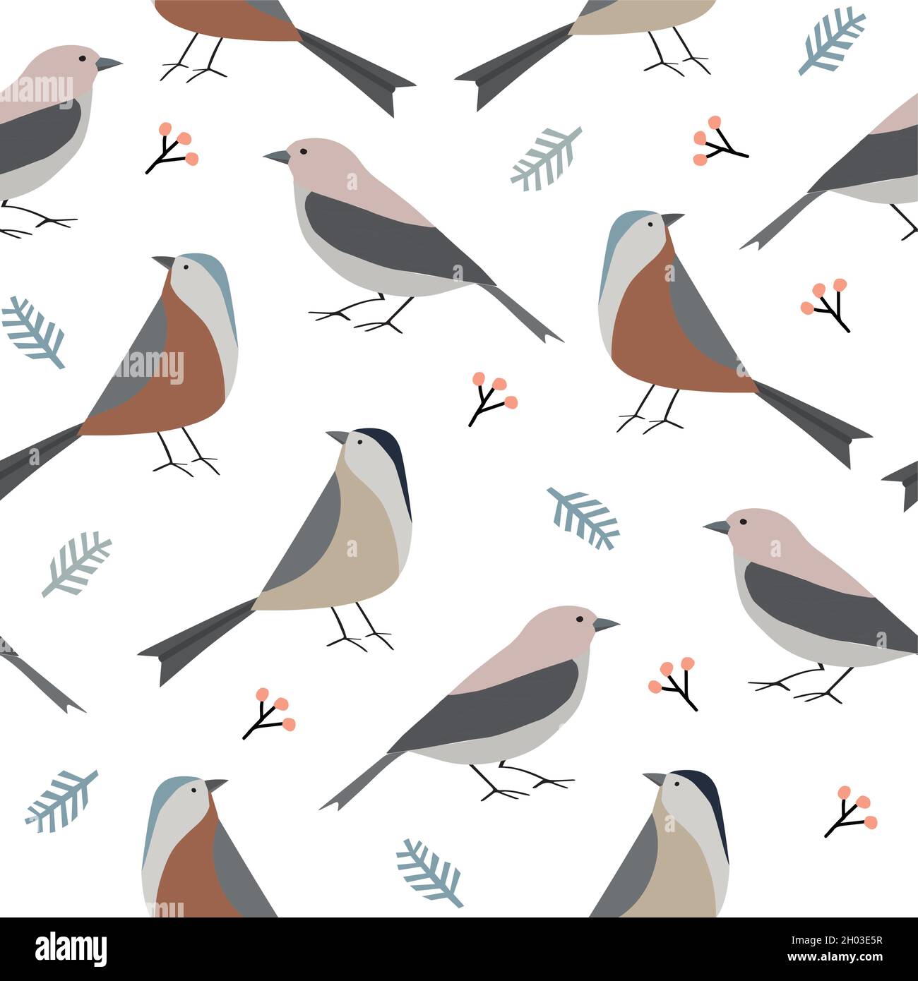Joli motif de Noël à la main avec oiseaux colorés, branches de sapin et baies de rowan.Motif hiver plat pour textile, scrapbooking Illustration de Vecteur