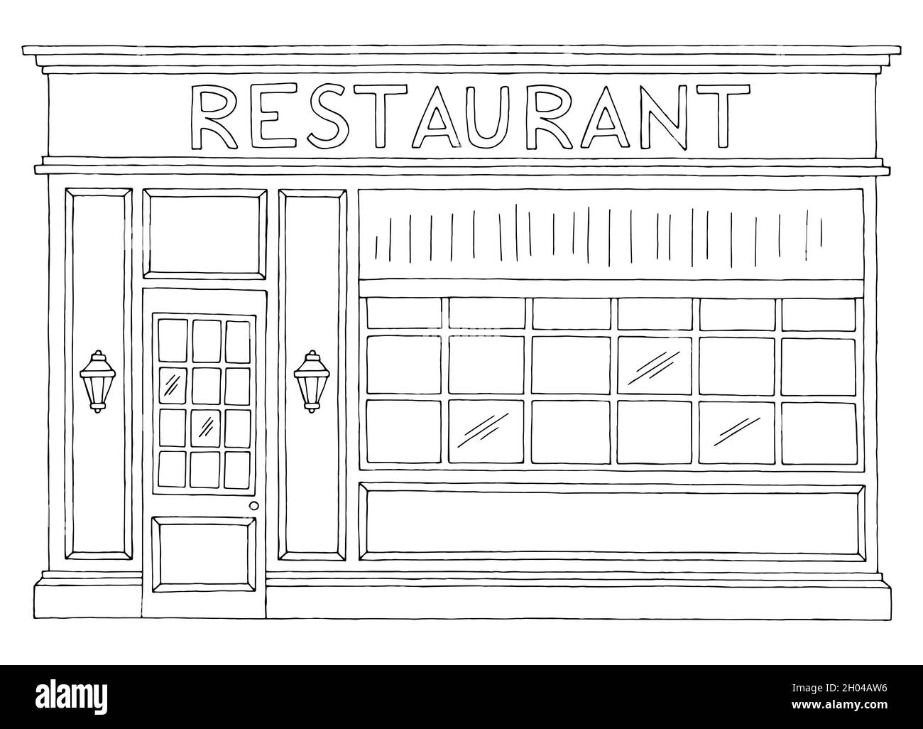 Extérieur du restaurant bâtiment graphique noir blanc isolé croquis vecteur d'illustration Illustration de Vecteur