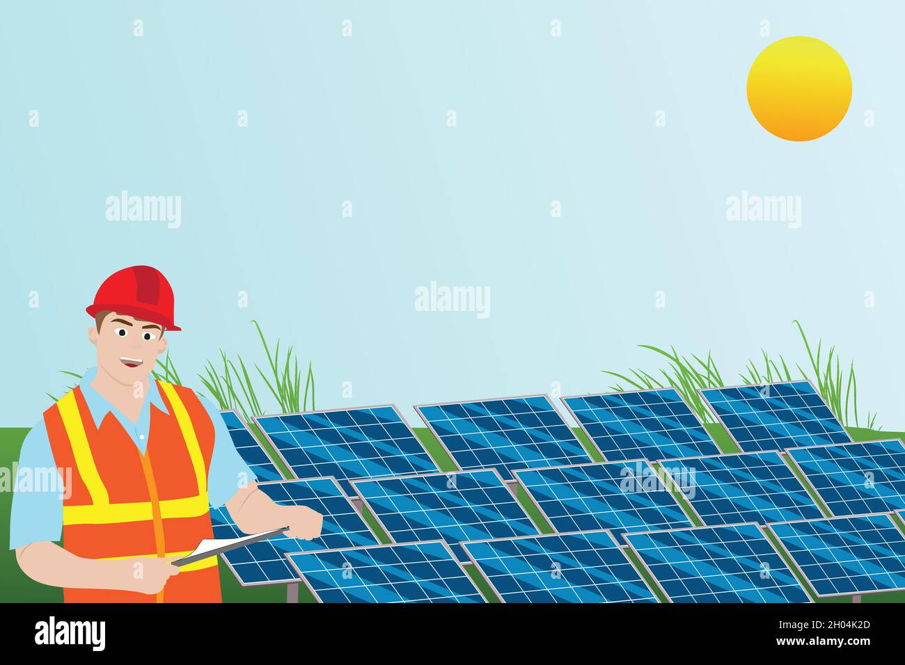 Le technicien vérifie les panneaux solaires de la station solaire.Module photovoltaïque.Vecteur et illustration. Illustration de Vecteur