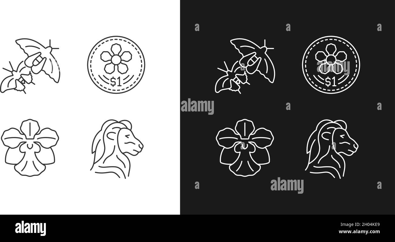 National animal et fleur de Singapour icônes linéaires ensemble pour le mode sombre et clair Illustration de Vecteur