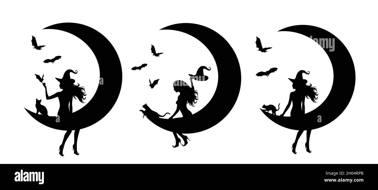 Ensemble de silhouettes de sorcières avec la lune. Illustration de Vecteur