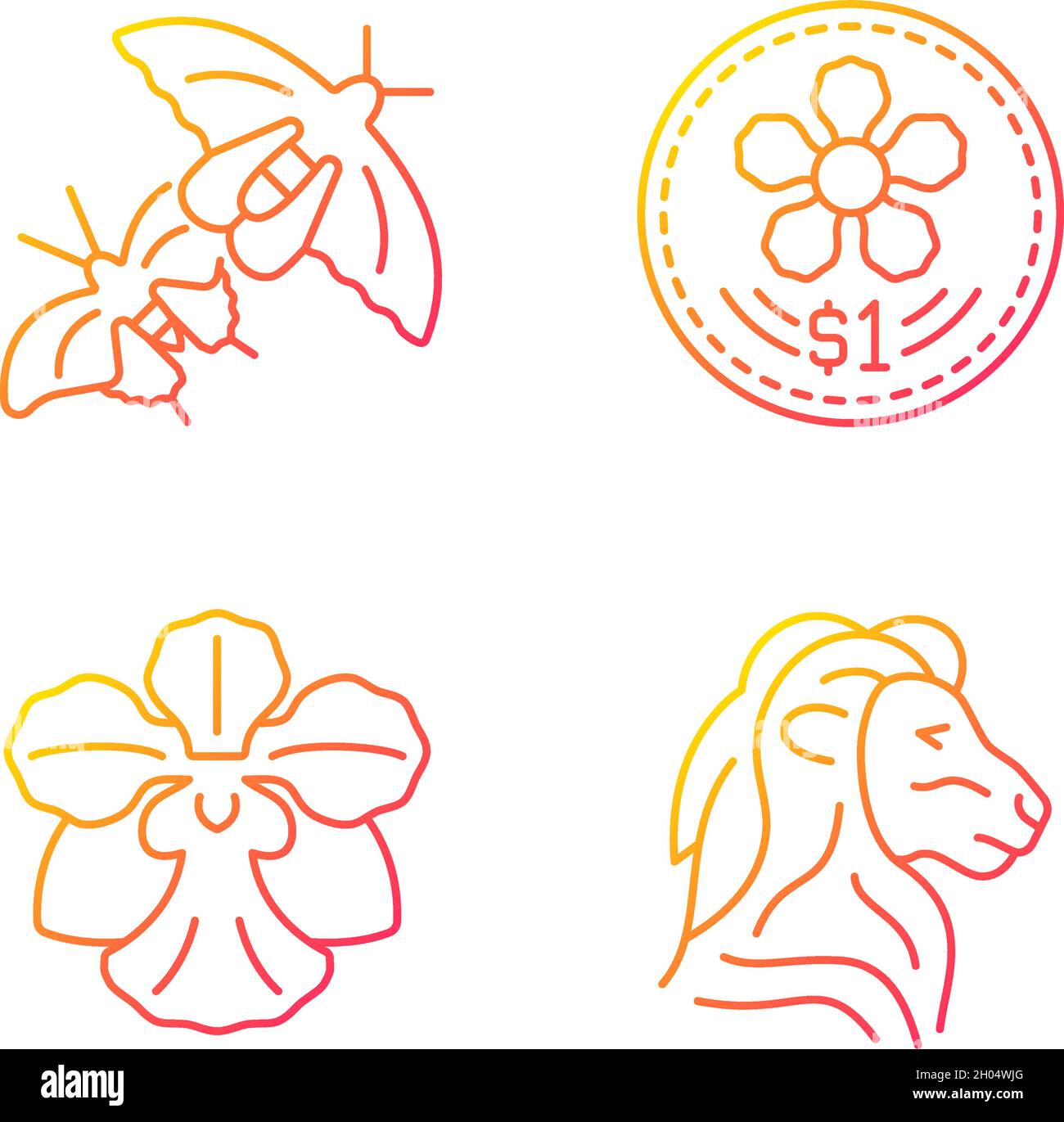 Ensemble d'icônes vectorielles linéaires à dégradé national animal et fleur de Singapour Illustration de Vecteur
