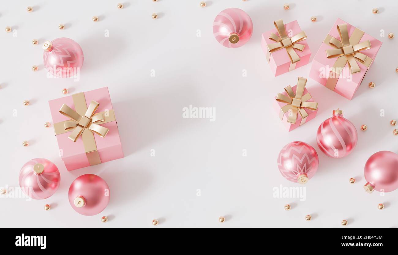 Boîtes-cadeaux roses avec ruban doré et boules sur fond blanc, rendu 3d Banque D'Images