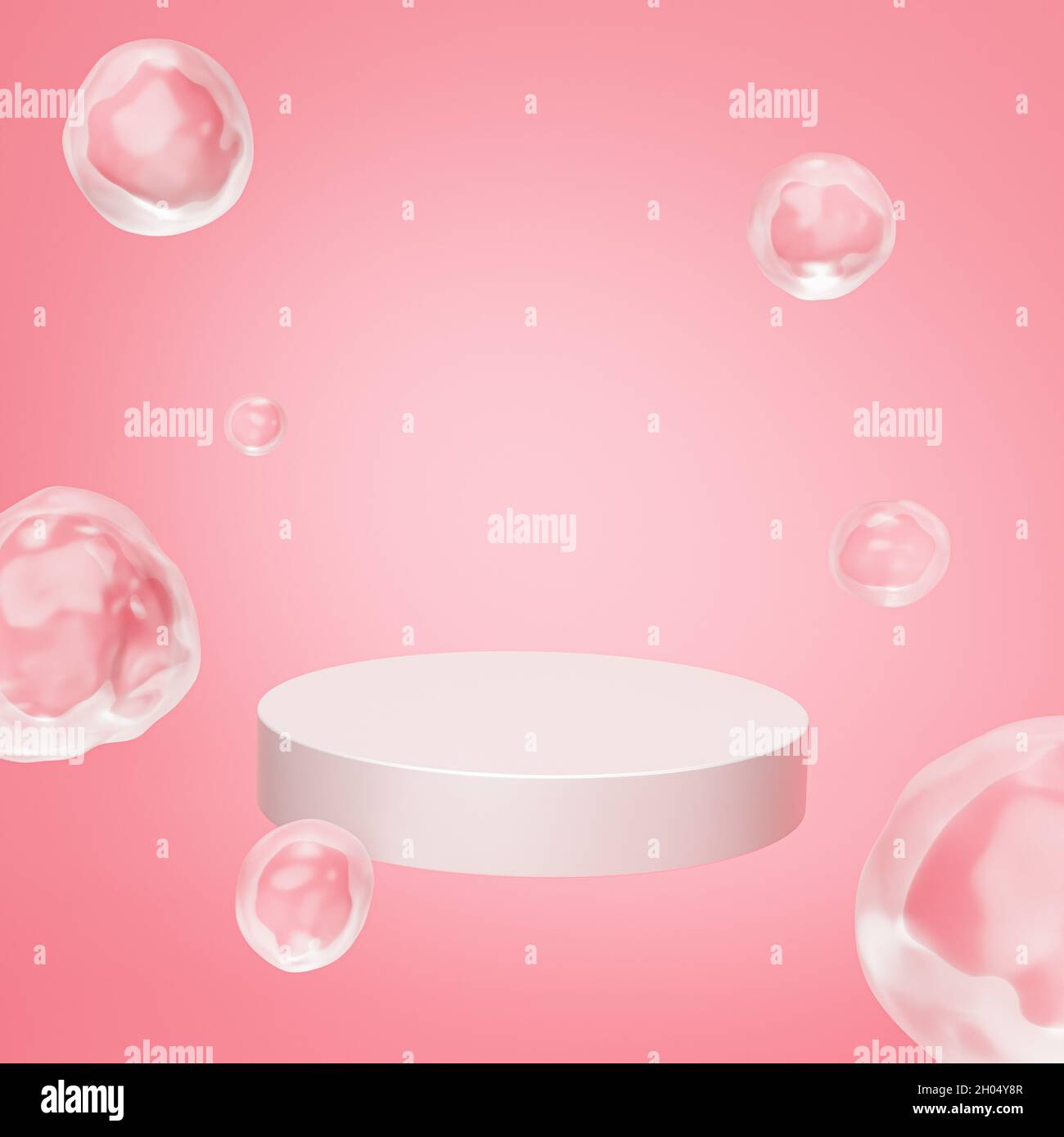 Podium beige ou piédestal pour produits ou publicité avec des bulles sur fond rose pastel, rendu 3d Banque D'Images