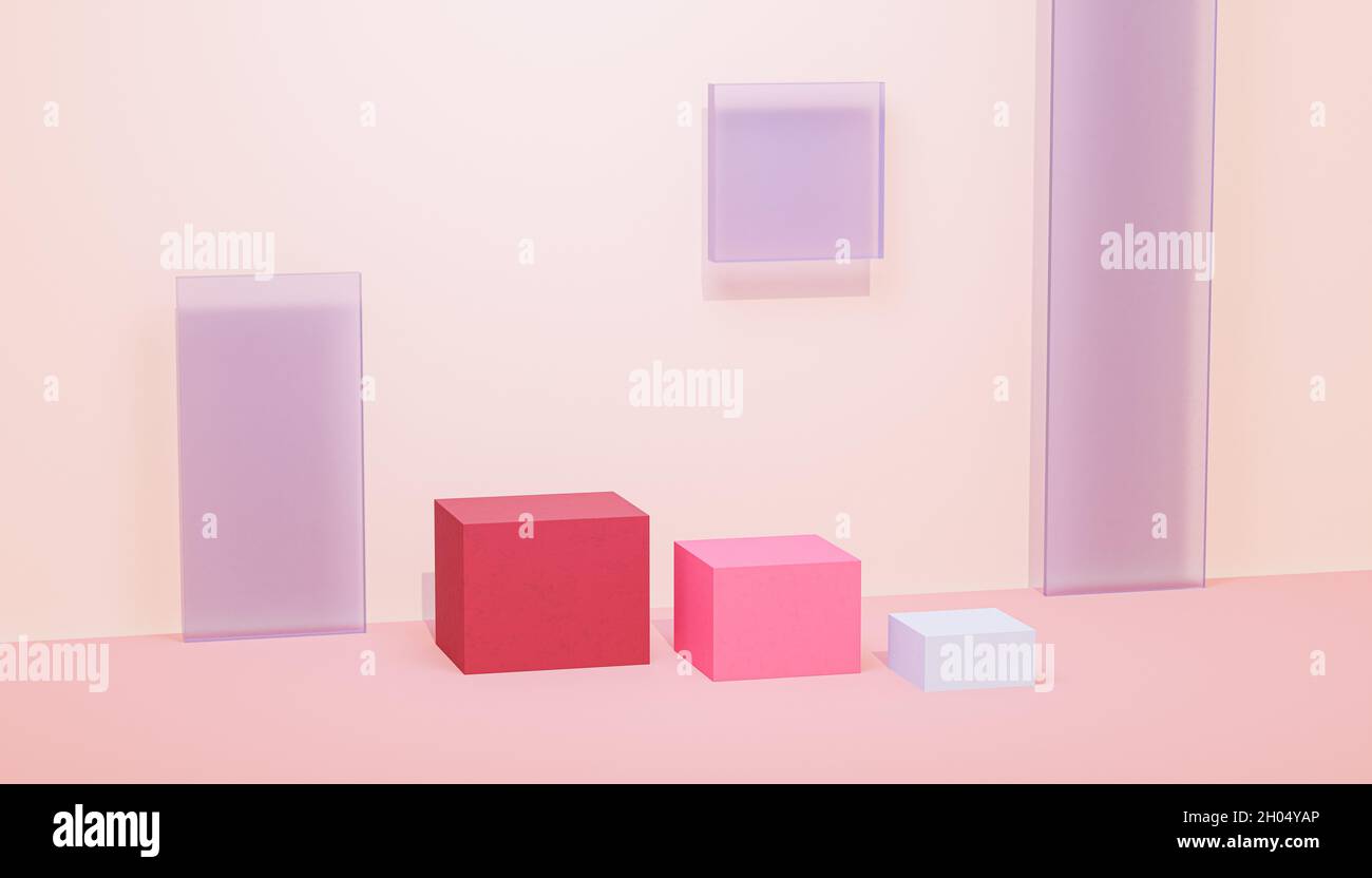Cubes podiums ou socles pour produits ou publicité sur fond beige pastel, rendu 3d Banque D'Images