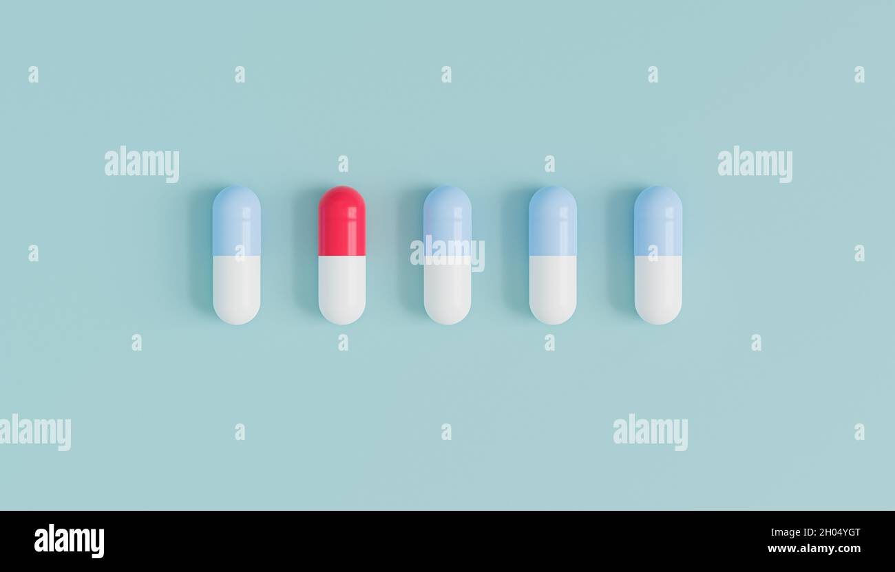 Capsules en ligne sur fond bleu, concept médical de santé, antibiotiques et cure, rendu 3d Banque D'Images