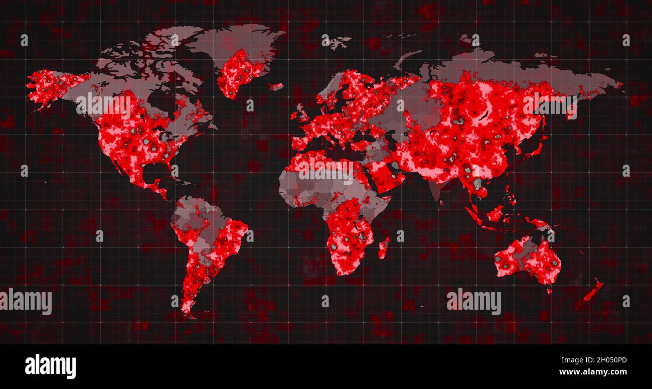 Image de la carte du monde et des pays en rouge à travers des cercles dans un arrière-plan sombre Banque D'Images