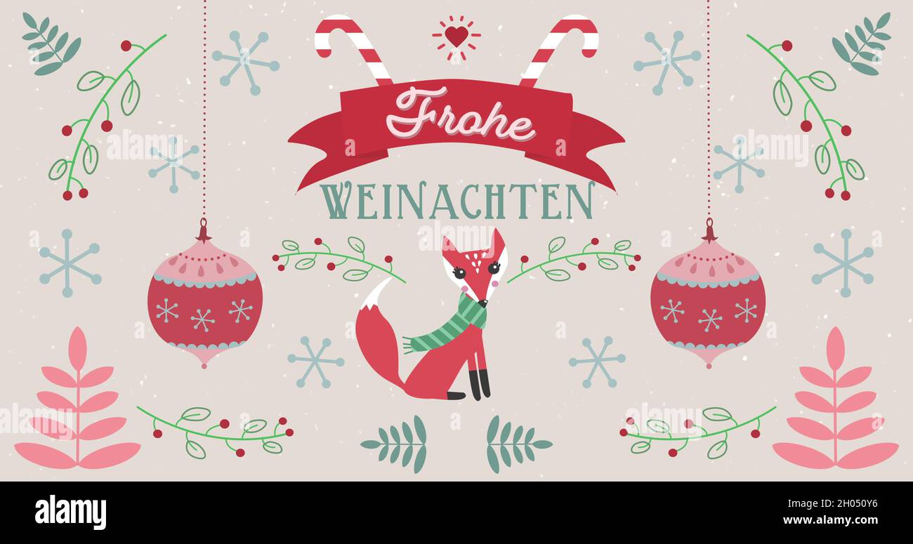 Image des mots de Frahe Weinachten avec un renard sur fond de décorations de Noël Banque D'Images