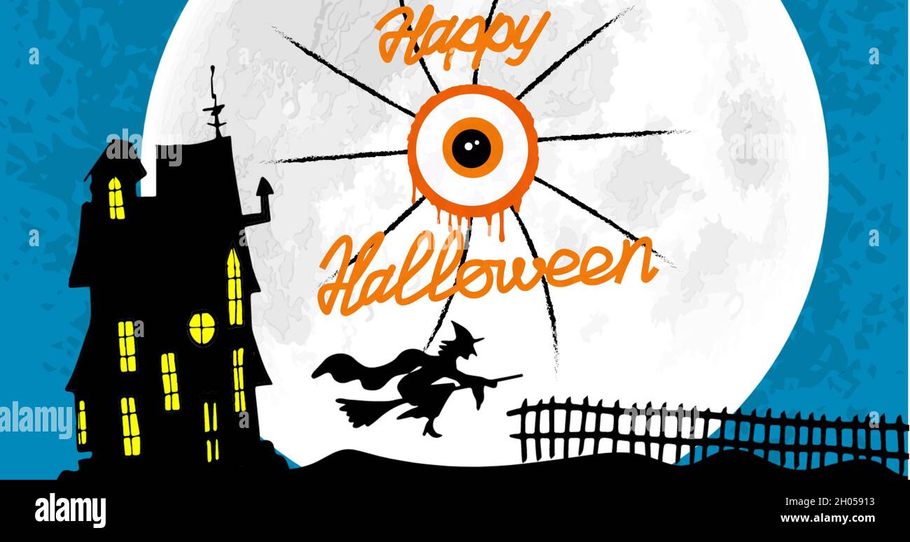 Image du texte d'halloween heureux sur la maison hantée et la sorcière volante Banque D'Images