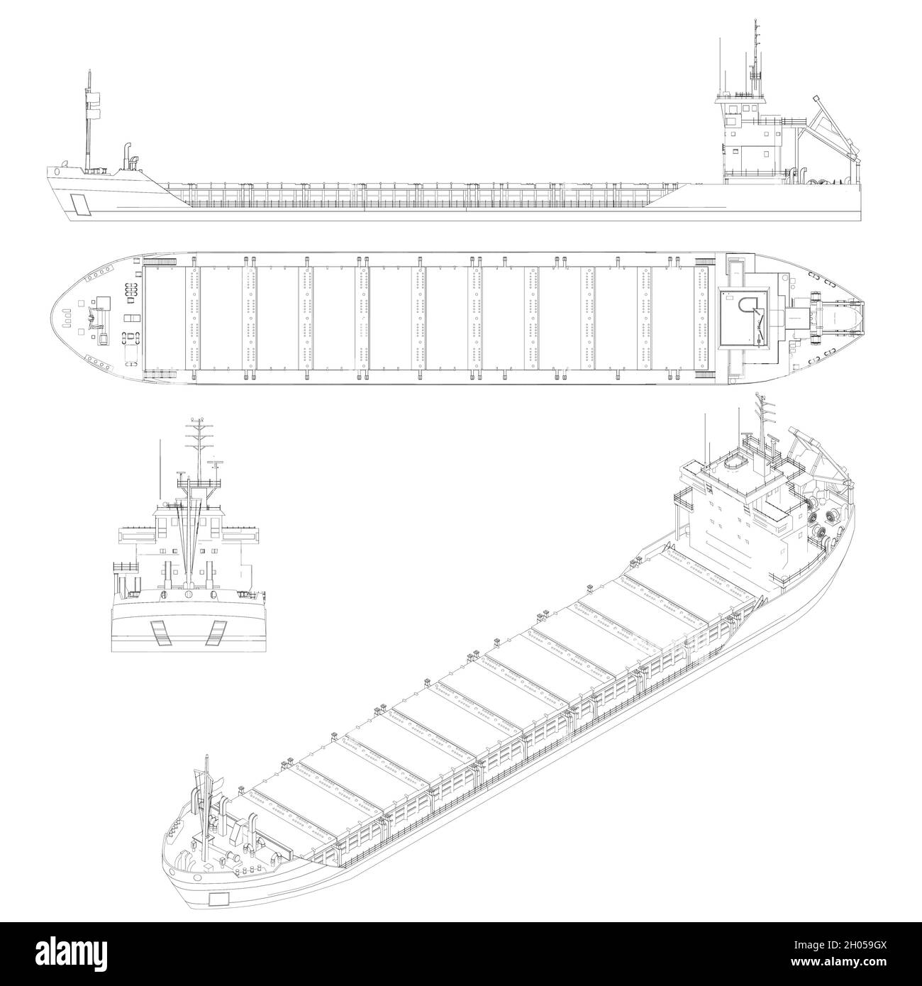 Définir les contours d'un navire de cargaison pour les conteneurs à partir de lignes noires isolées sur un fond blanc.Vue latérale, dessus, face, isométrique.Illustration vectorielle Illustration de Vecteur