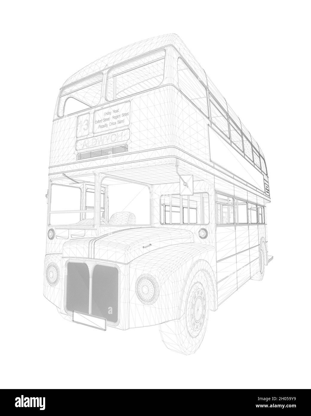 Contour d'un bus rétro anglais à deux étages à partir de lignes noires isolées sur fond blanc.Vue en perspective.Illustration vectorielle. Illustration de Vecteur