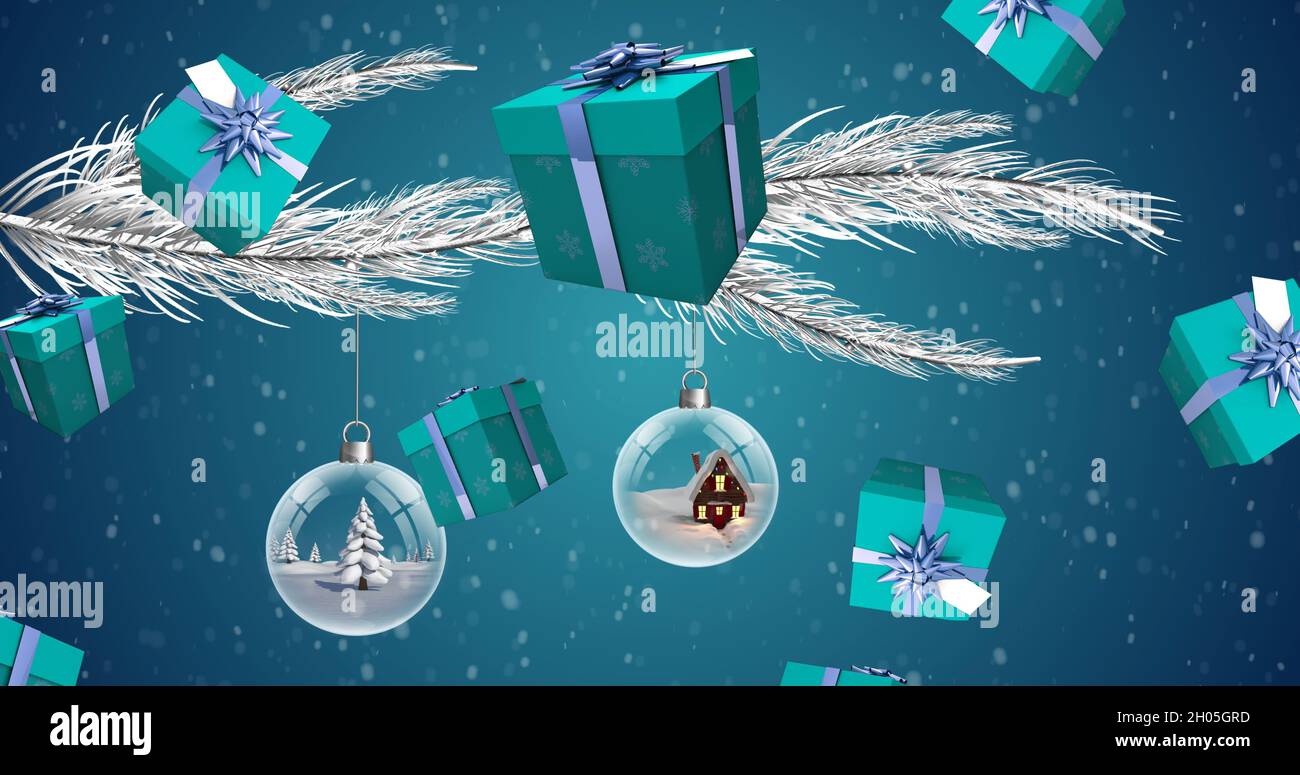 Image de cadeaux tombant au-dessus de l'arbre de noël Banque D'Images