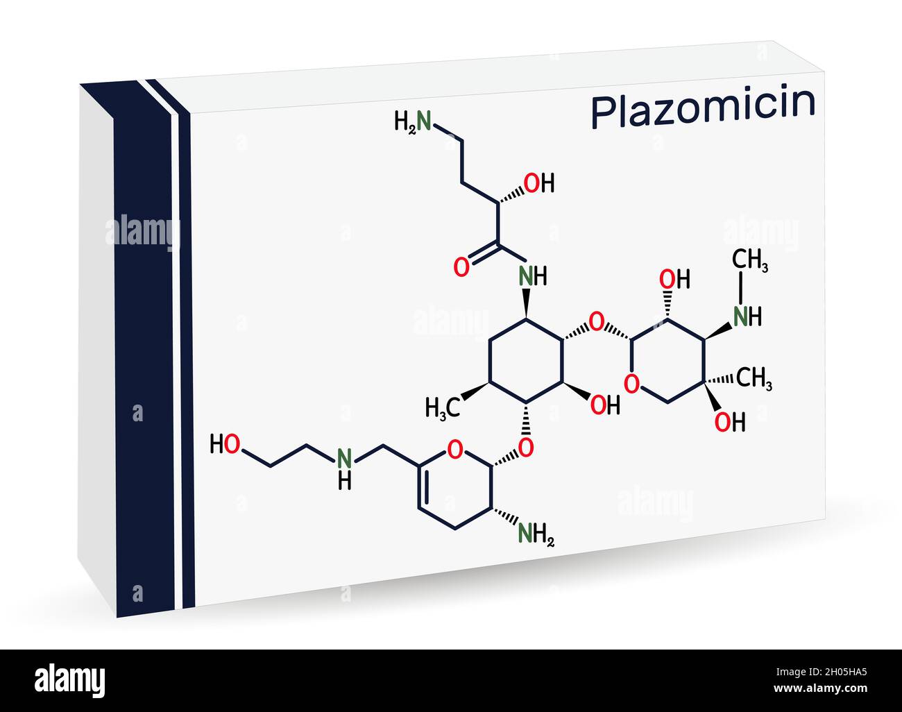 Plazomicine, molécule.Il s'agit d'un antibiotique aminoglycoside utilisé pour les infections urinaires ou la pyélonéphrite.Formule chimique du squelette.Emballage en papier Illustration de Vecteur