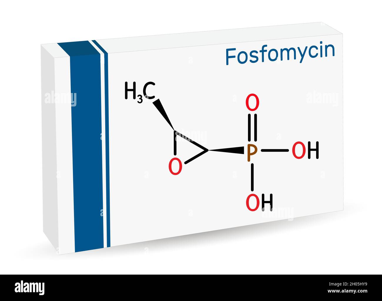 Fosfomycine, phosphomycine, molécule de phosphonomycine.Il s'agit d'un antibiotique synthétique aux propriétés antimicrobiennes bactéricides.Emballage en papier pour médicaments. Illustration de Vecteur