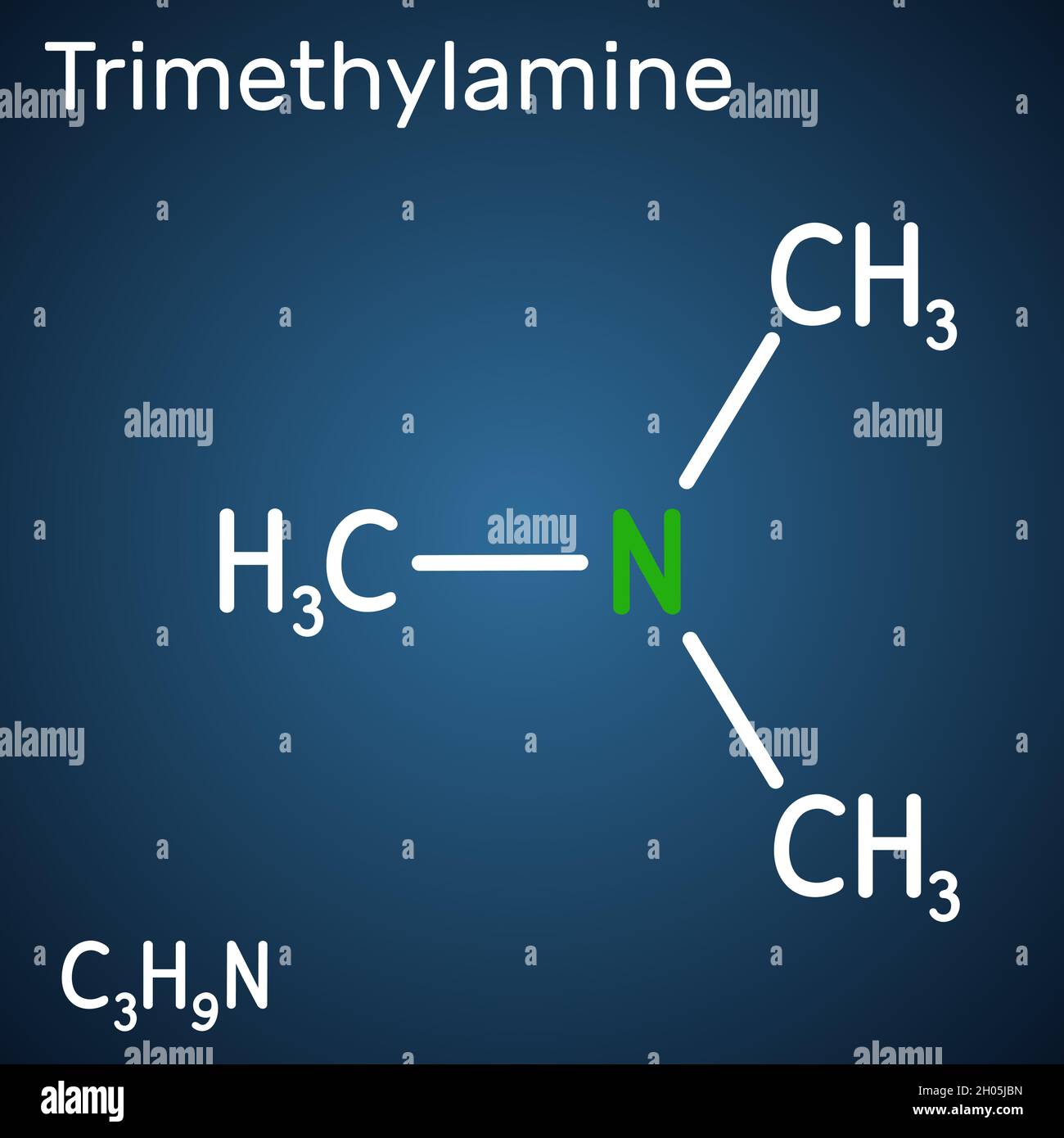 Triméthylamine, molécule TMA.Il s'agit de l'amine, la méthylamine, synthétisée par des enzymes microbiennes dans l'intestin avec implication des composants alimentaires.Structure che Illustration de Vecteur
