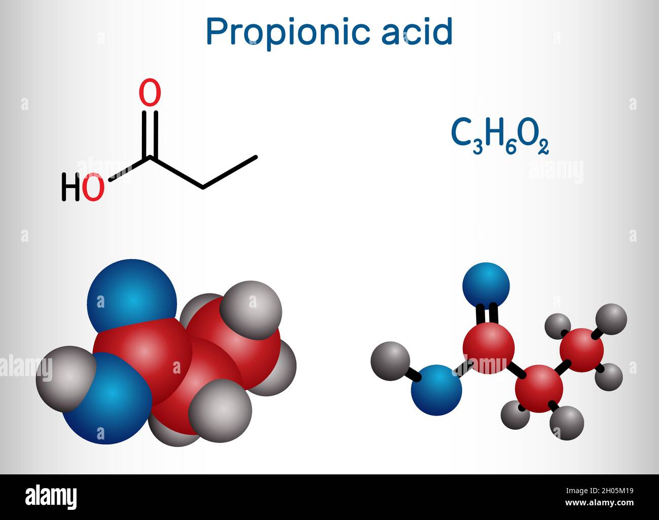 Acide propanoïque, molécule d'acide propionique.Il s'agit d'acide gras  saturé à chaîne courte, d'antifongique, d'agent antimicrobien E280.Forul.  Chimique structural Image Vectorielle Stock - Alamy