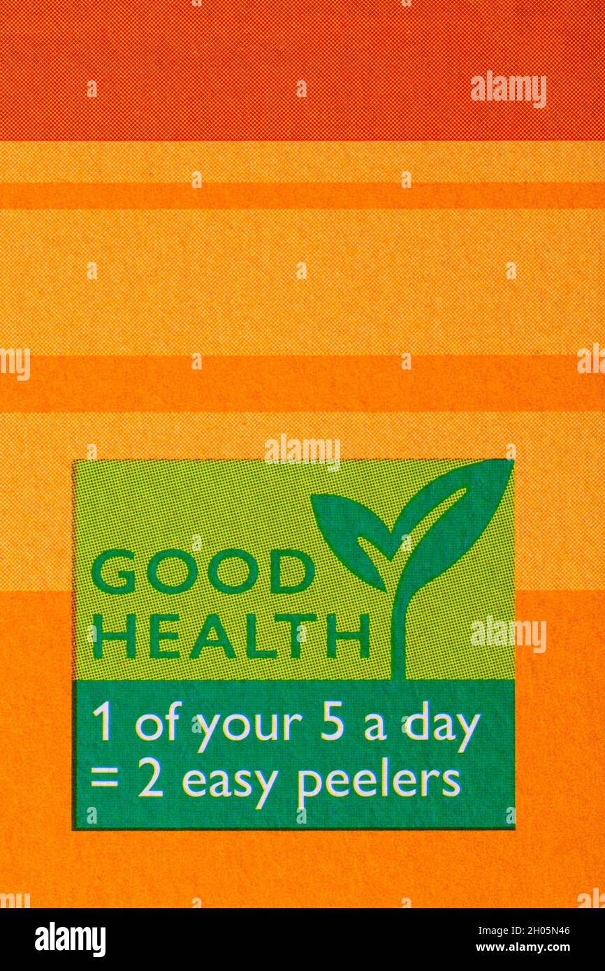 Bonne santé 1 de vos 5 par jour = 2 peelers faciles - détail sur boîte de fruits Peelers faciles Banque D'Images