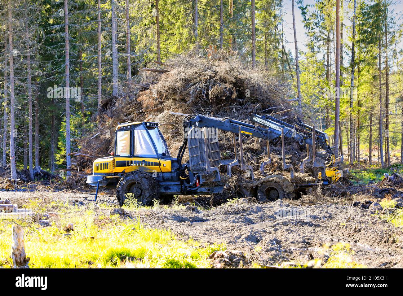 PONSSE porteur forestier compact Elk sur site forestier humide au début de l'automne à côté d'un tas de bois de brushwood.Koski Tl, Finlande.7 août 2020. Banque D'Images