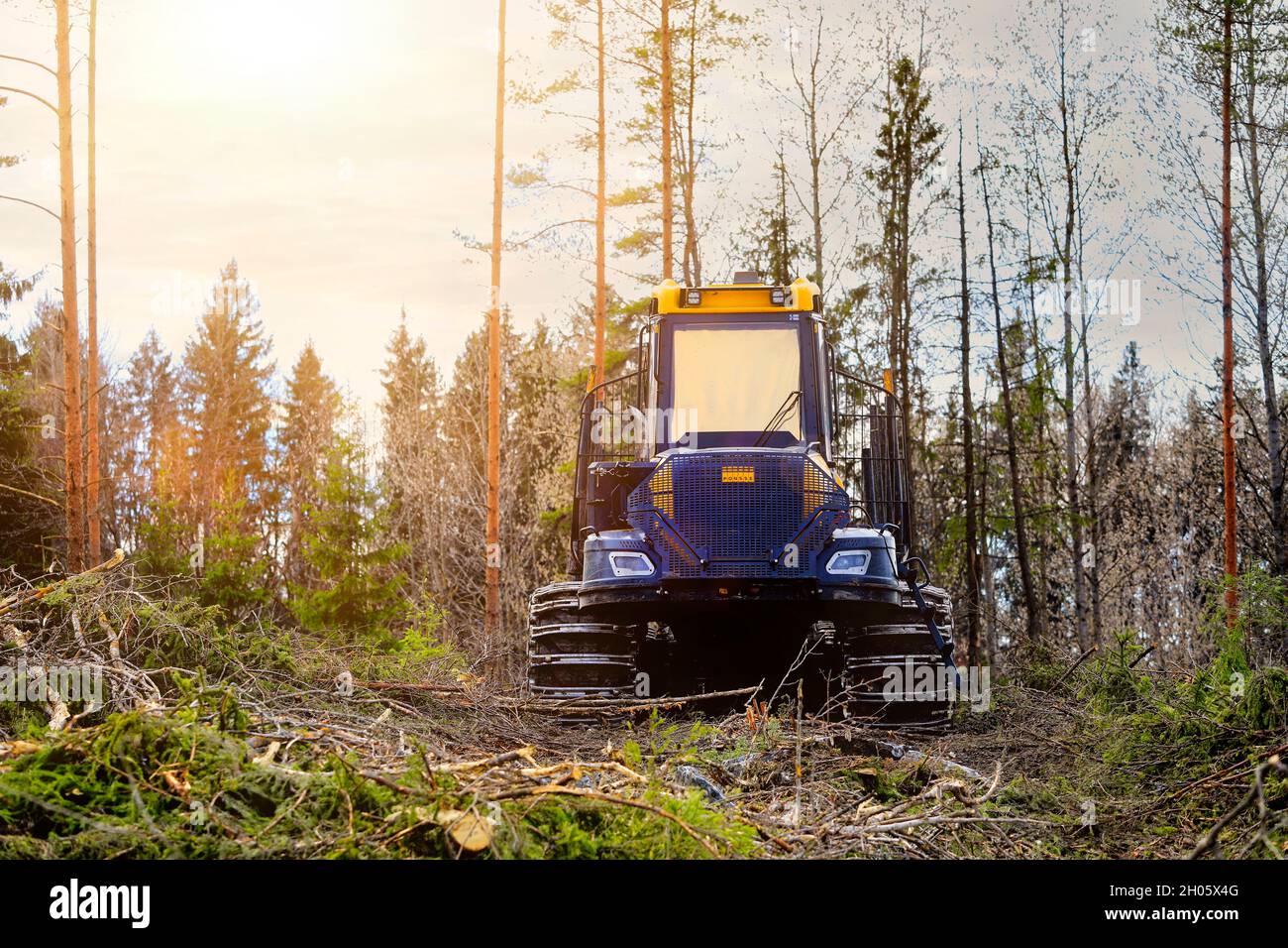 Transitaire forestier de PONSSE sur un site forestier ensoleillé au printemps.Jokioinen, Finlande.22 avril 2019. Banque D'Images