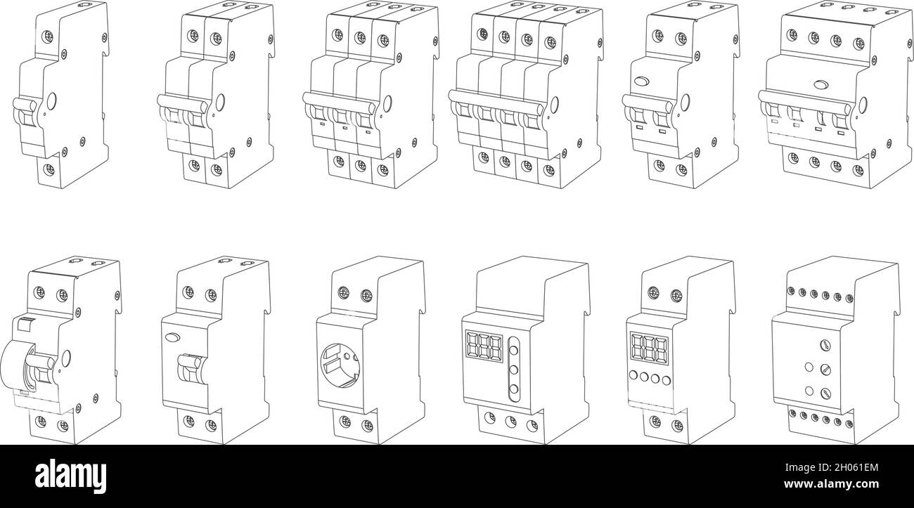 Ensemble vectoriel d'éléments de tableau de commutation de gamme art pour boîtier de commande de fusible - disjoncteur de sécurité, relais, disjoncteur de courant résiduel.Vue en perspective Illustration de Vecteur