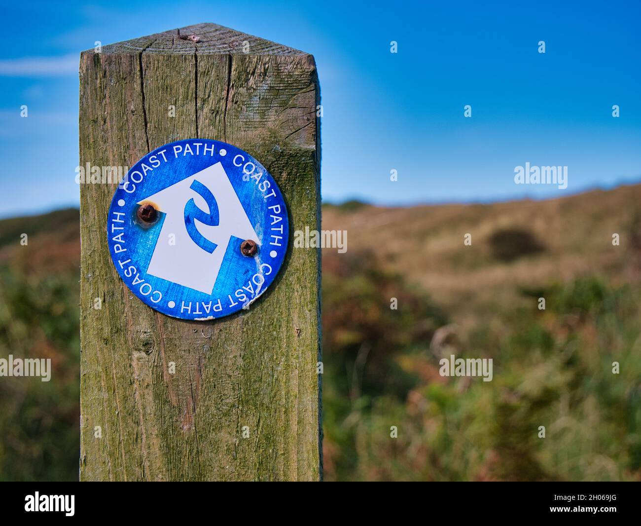 Un panneau circulaire, bleu et blanc fixé à un poteau en bois abîmé pointe vers le chemin de la côte de Northumberland, dans le nord-est de l'Angleterre, au Royaume-Uni Banque D'Images